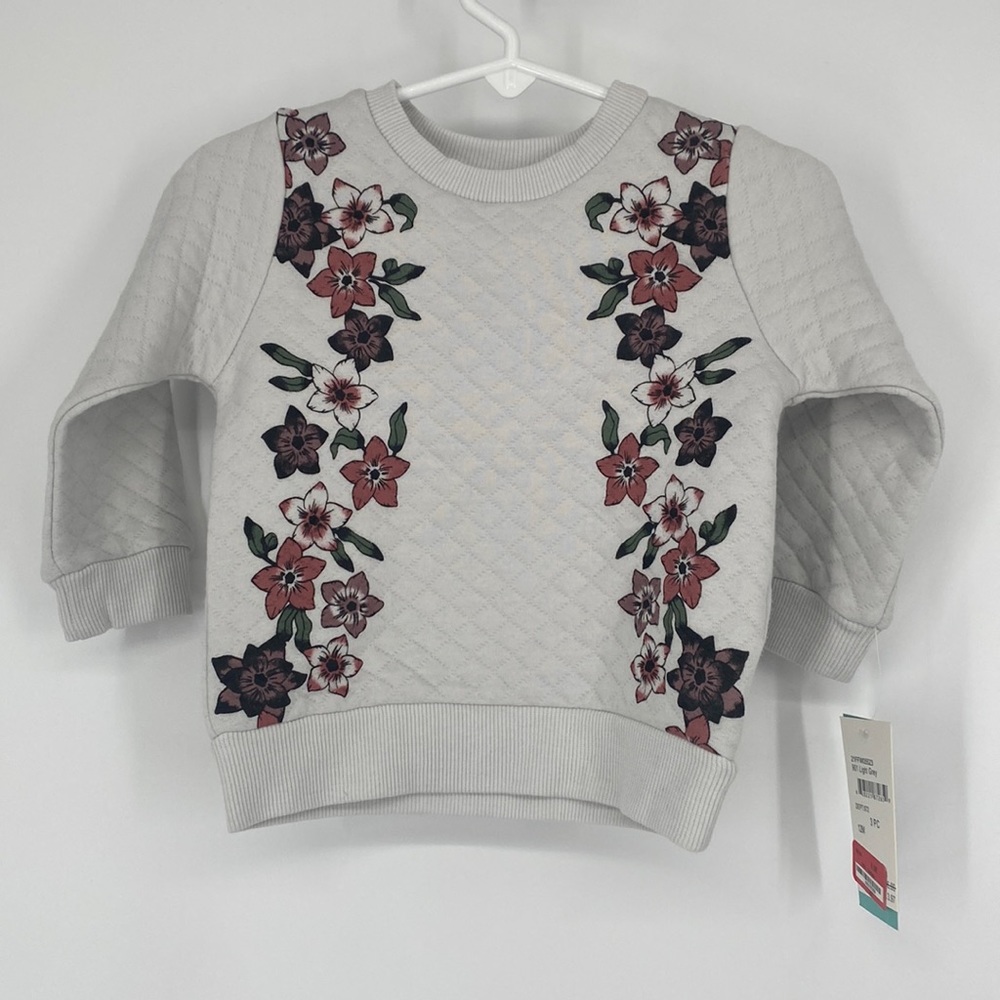PL Baby Long Sleeve Embroidered Flower Print Sweaters Pullover Light Grey 12M